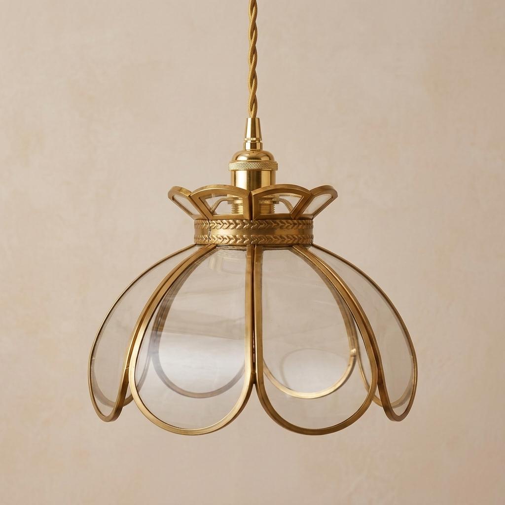 Clear Glass Flower Pendant Light Shade, Brass Petal Dome Lampshade, Vintage Cottage Lighting