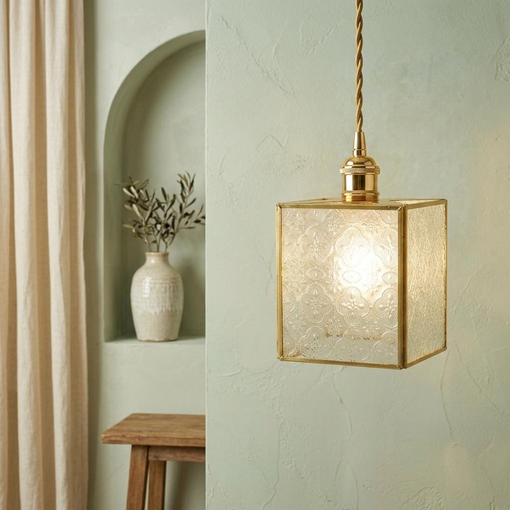 Textured Glass Pendant Light, Square Brass Tone Hanging Lamp, Vintage Style Entryway Kitchen Lighting