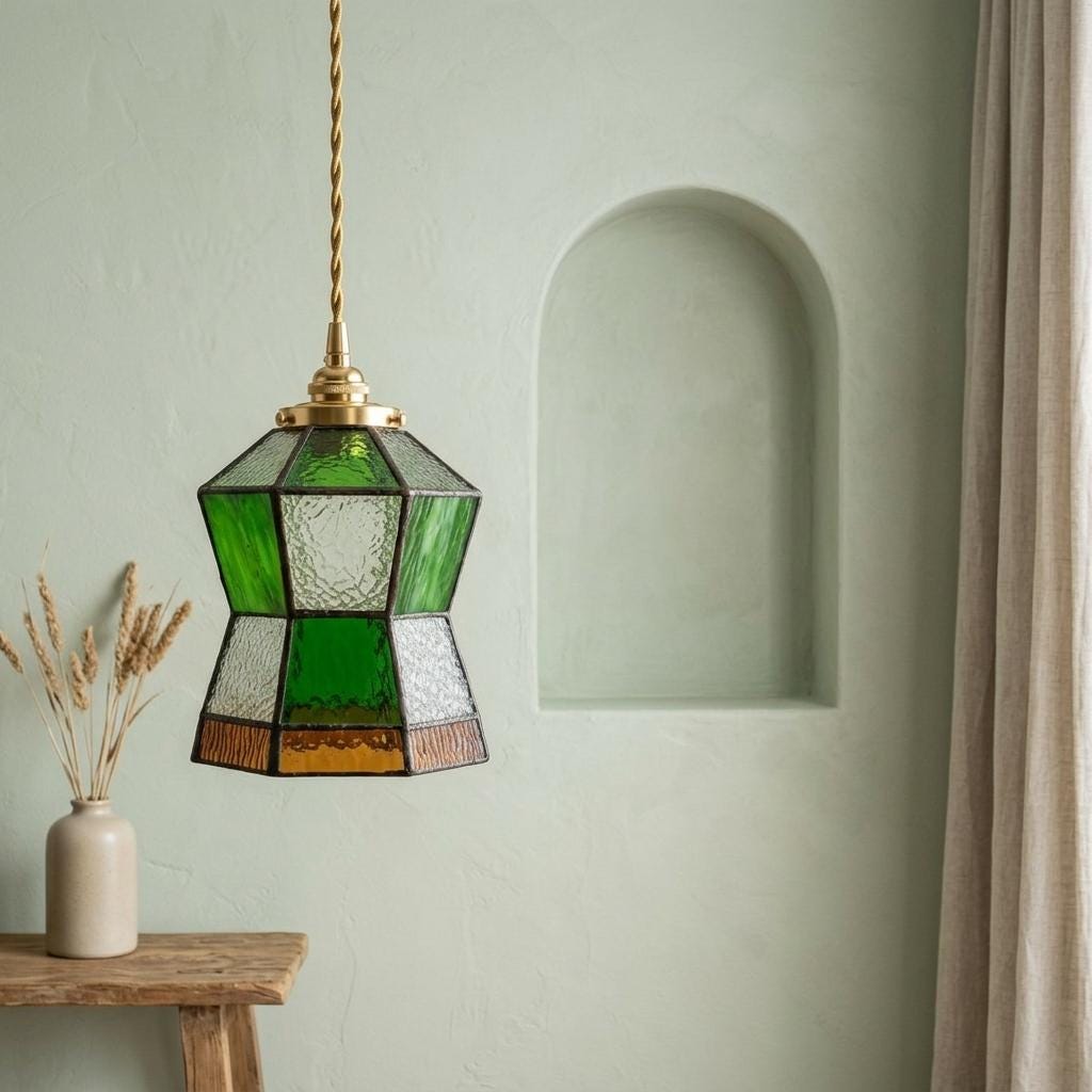 Green Stained Glass Pendant Light, Small Geometric Tiffany Style Hanging Lamp, Art Deco Entryway Ceiling Light