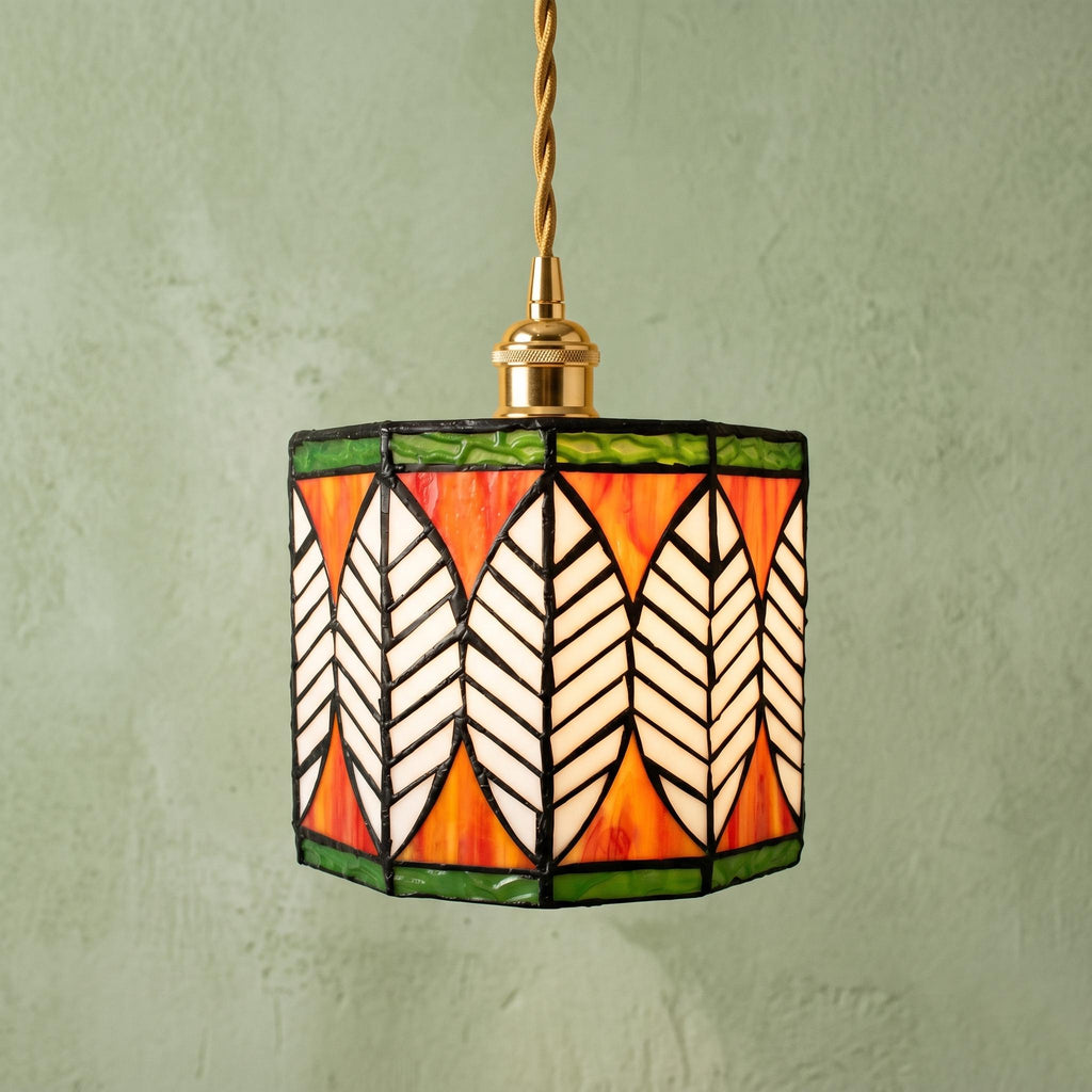 Handmade Stained Glass Pendant Light, Leaf Pattern Hanging Lamp, Tiffany Style Ceiling Light, Green Orange Glass Pendant, Inspired Lighting