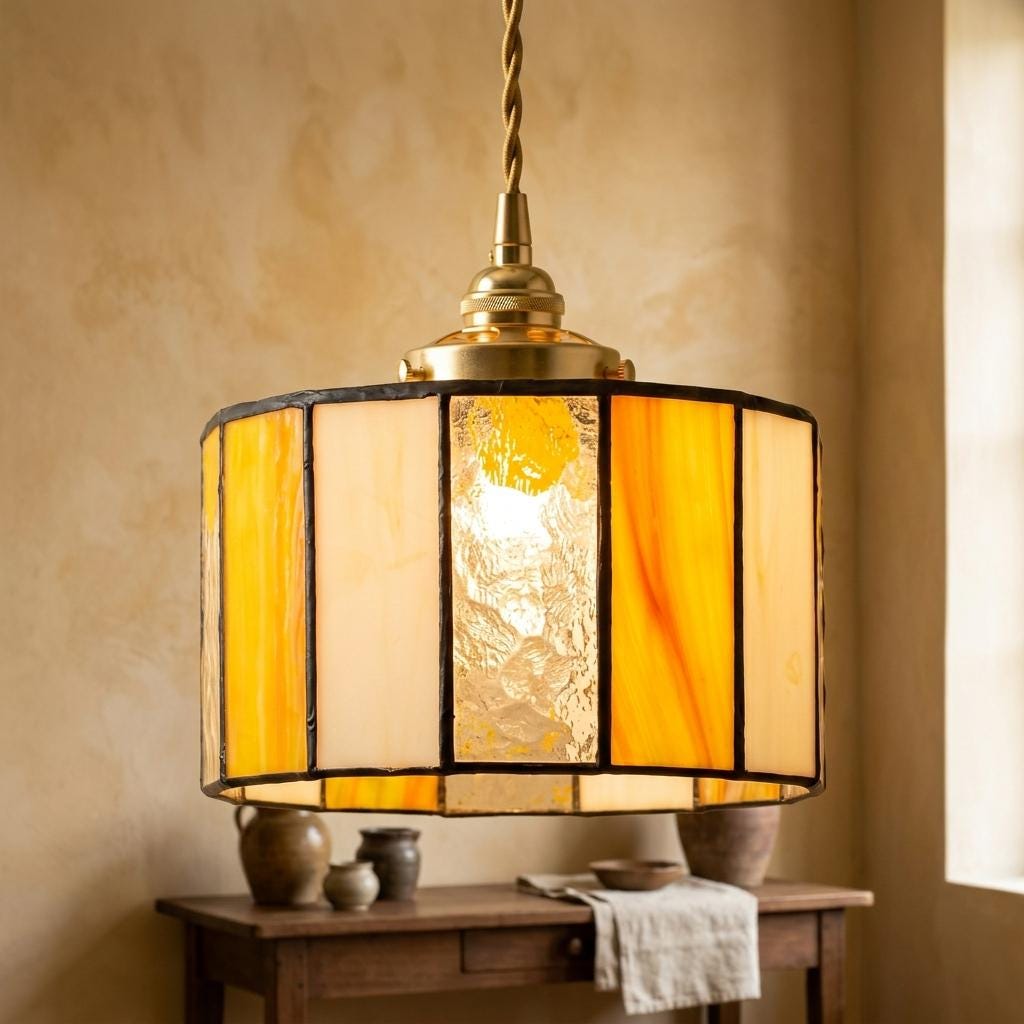 Amber Cream Stained Glass Pendant Light, Geometric Drum Hanging Lamp, Mid Century Decor