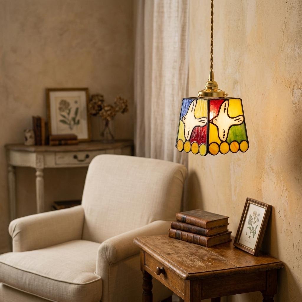 Stained Glass Pendant Light, Colorful White Dove Hanging Lamp, Small Tiffany Style Bird Ceiling Light, Boho Accent Lighting