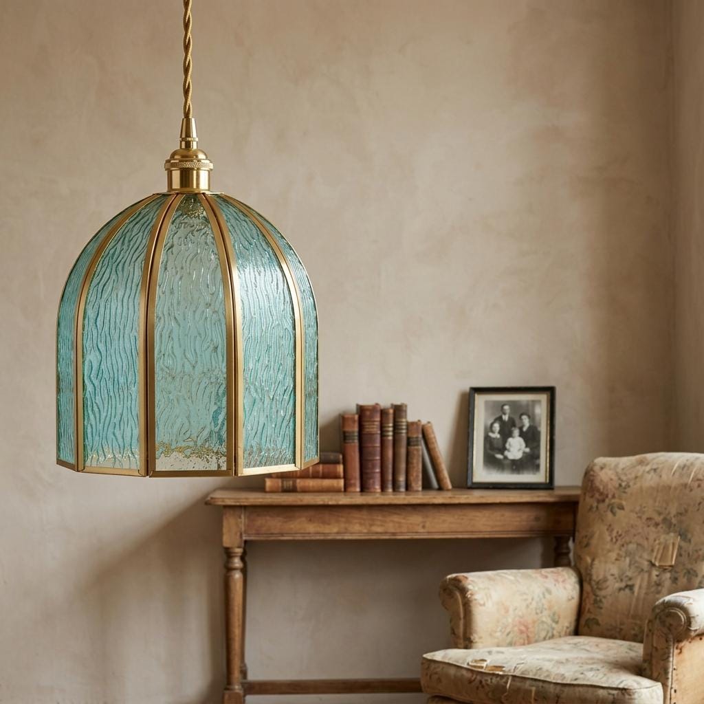 Aqua Blue Stained Glass Pendant Light, Vintage Brass Frame Hanging Lamp