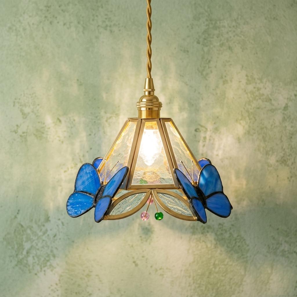 Handmade Stained Glass Butterfly Pendant Light, Blue Butterfly Hanging Lamp, Tiffany Style Glass Lamp Shade, Cottagecore Nature Light Decor