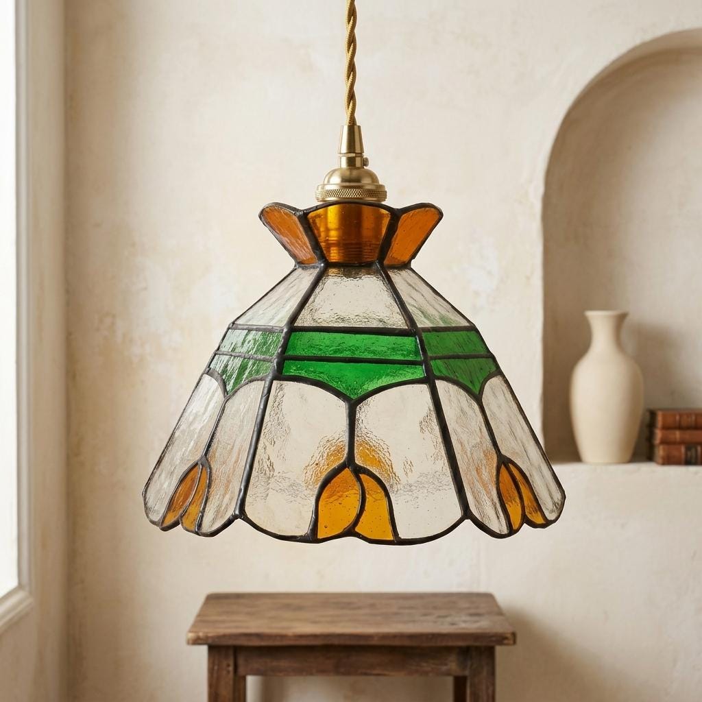 Stained Glass Lamp Shade, Tiffany Style Floral Pendant Light Shade, Green Amber Glass Hanging Lamp, Small Vintage Sconce Shade