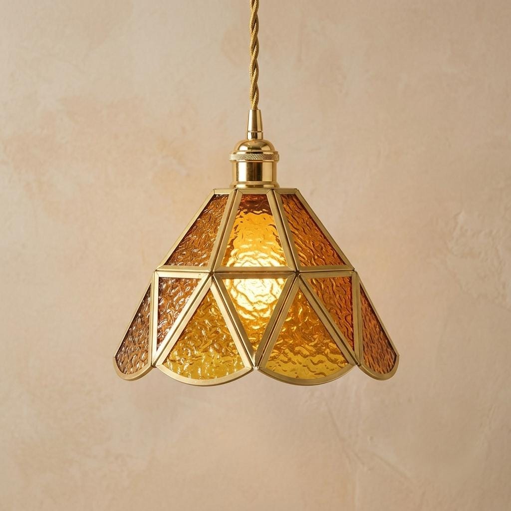 Amber Stained Glass Pendant Light, Scalloped Tiffany Style Hanging Lamp, Vintage Inspired Small Ceiling Light