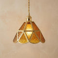 Amber Stained Glass Pendant Light, Scalloped Tiffany Style Hanging Lamp, Vintage Inspired Small Ceiling Light