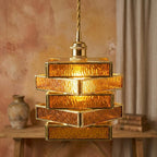 Amber Geometric Stained Glass Vintage Gold Pendant Light - product view 7