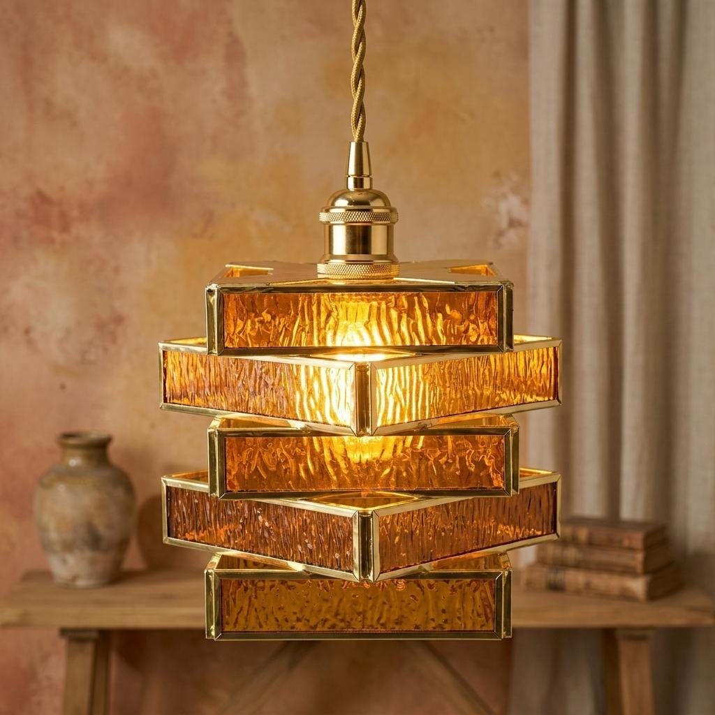 Amber Geometric Stained Glass Pendant Light, Vintage Gold Frame Hanging Lamp Fixture