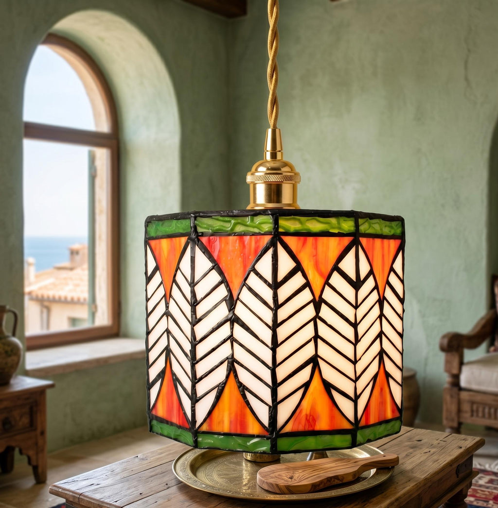 Handmade Stained Glass Pendant Light, Leaf Pattern Hanging Lamp, Tiffany Style Ceiling Light, Green Orange Glass Pendant, Inspired Lighting