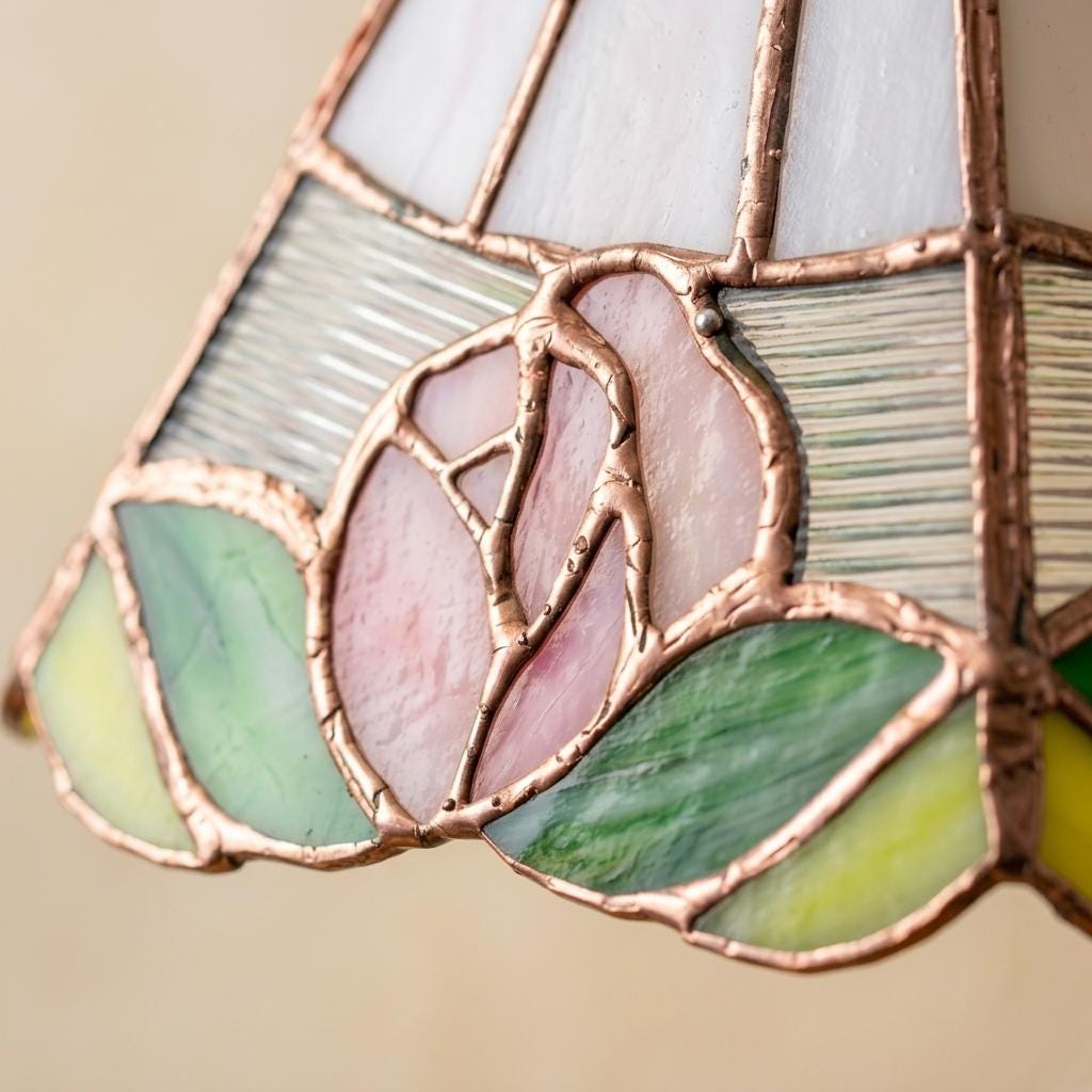 Stained Glass Pendant Light Shade, Rose Floral Tiffany Style Lamp Shade, Small Vintage Hanging Lamp Shade, Cottagecore Glass Decor
