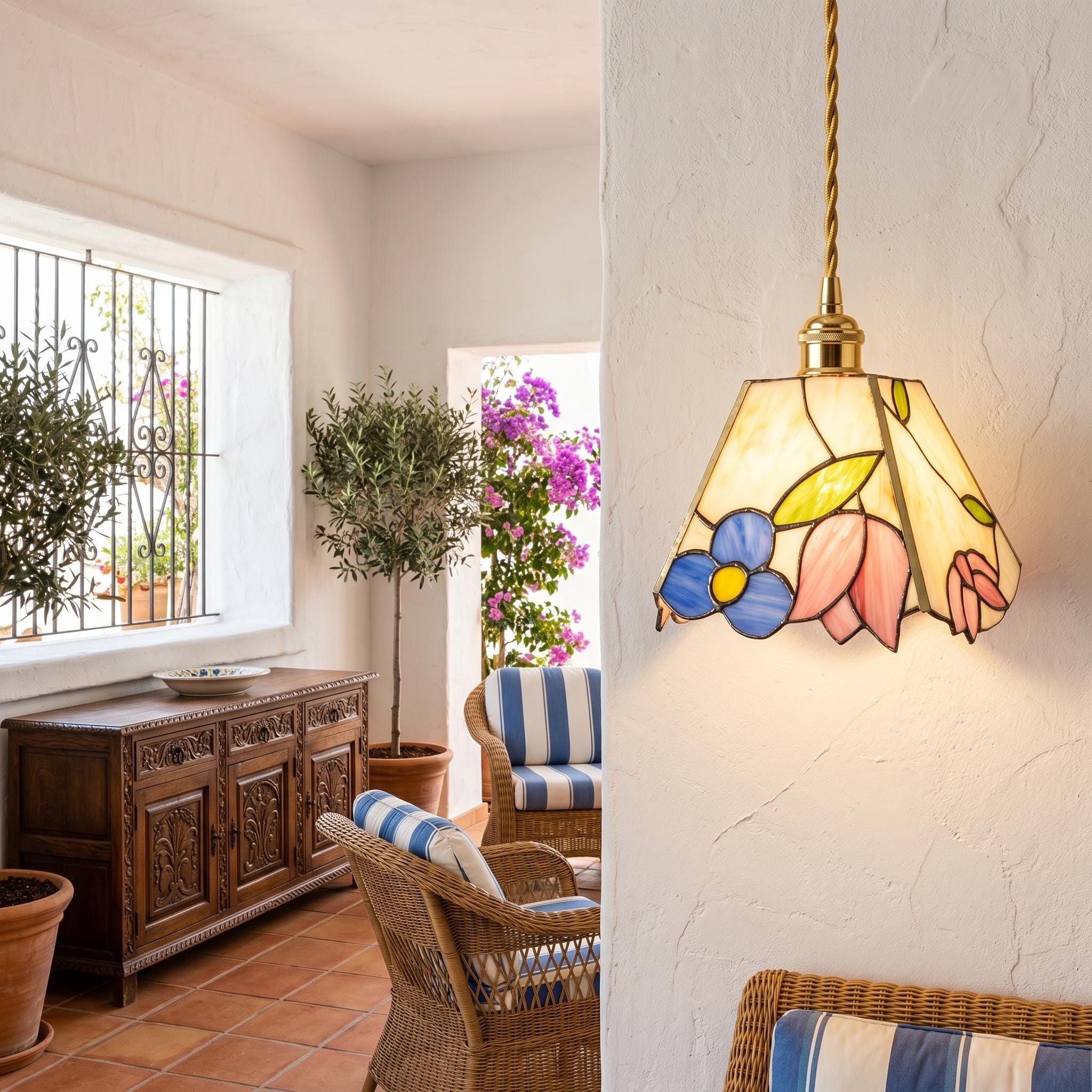 Handmade Floral Stained Glass Pendant Light, Tiffany Style Tulip Flower Hanging Lamp, Cottagecore Ceiling Light, Small Kitchen Island Light