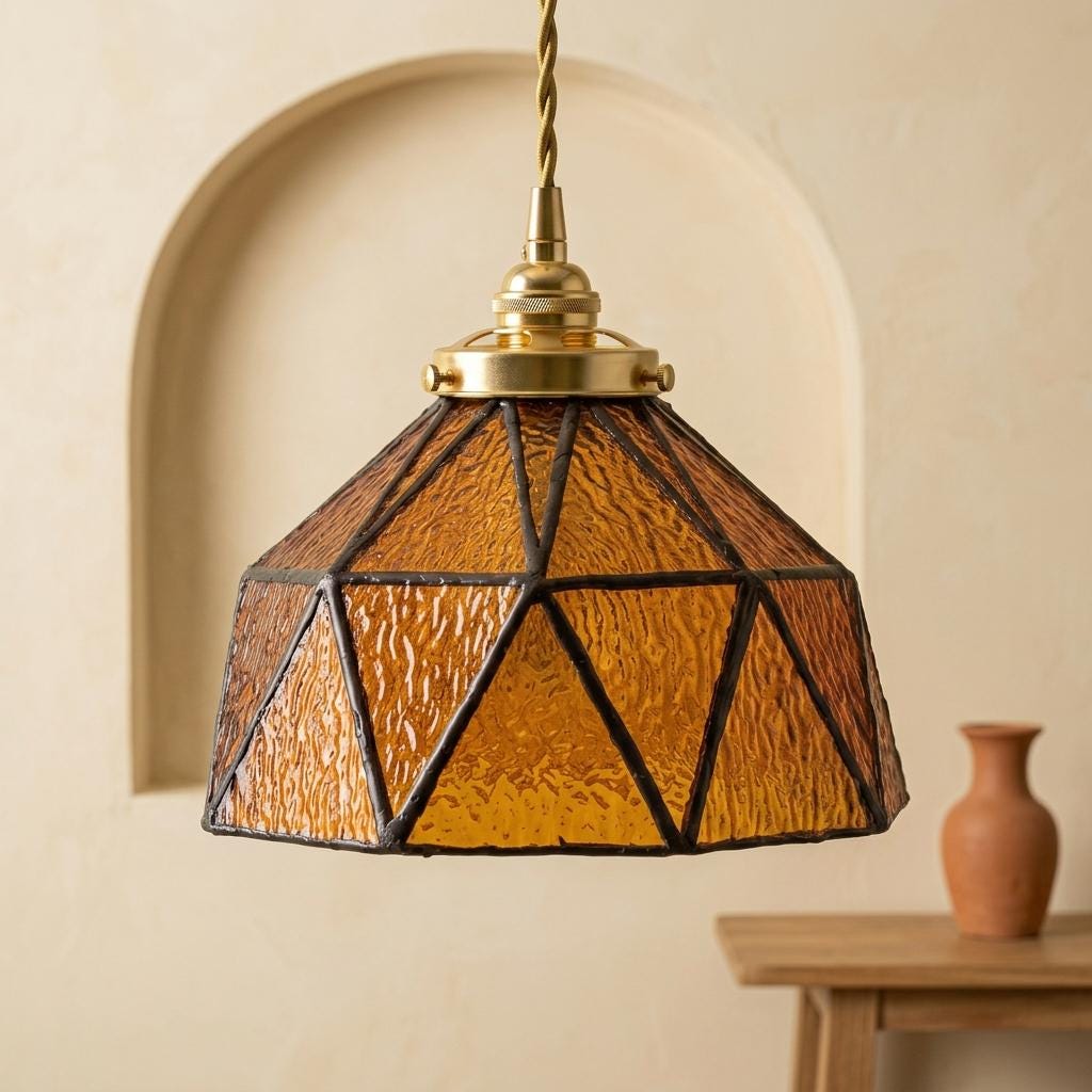 Amber Geometric Stained Glass Pendant Light, Art Deco Gold Ceiling Fixture