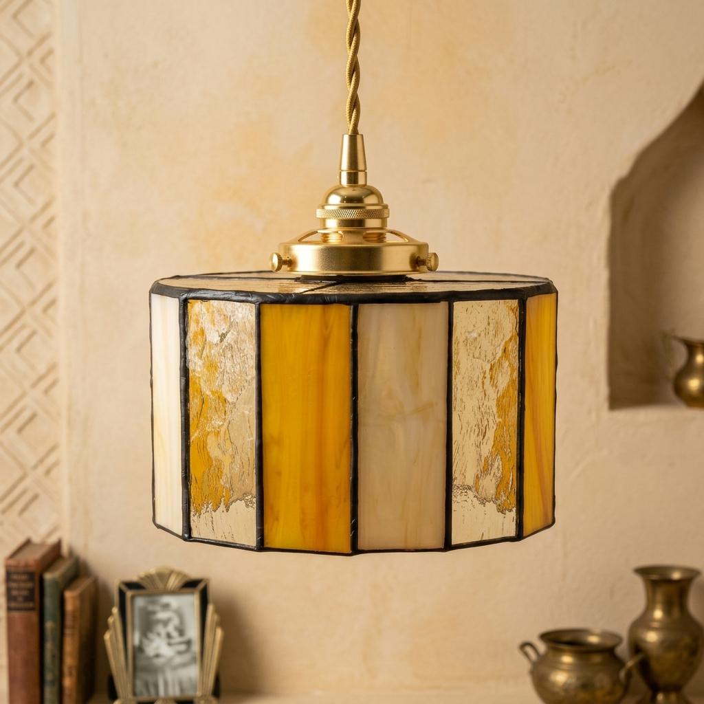 Amber Cream Stained Glass Pendant Light, Geometric Drum Hanging Lamp, Mid Century Decor