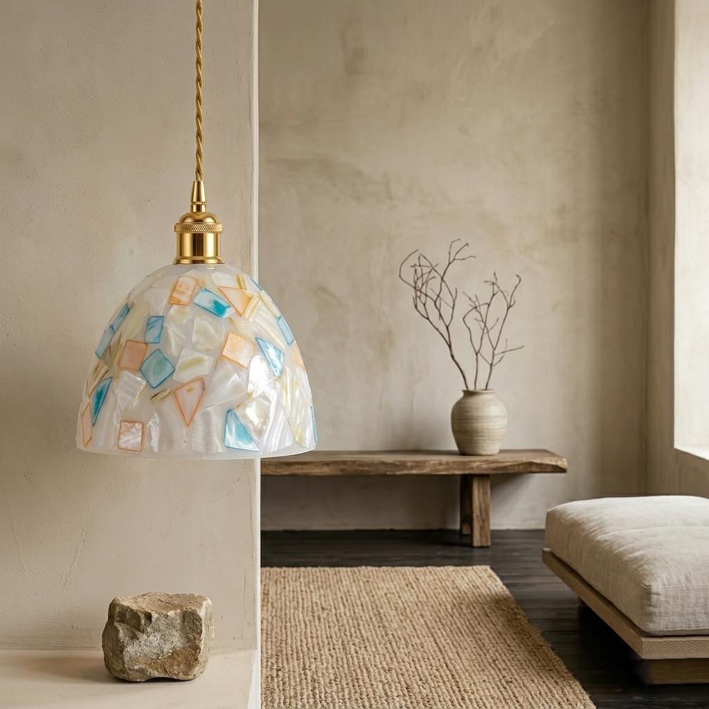 Mosaic Shell Table Pendant Light , Coastal Dome Decor, Capiz Pearl Replacement Lamp