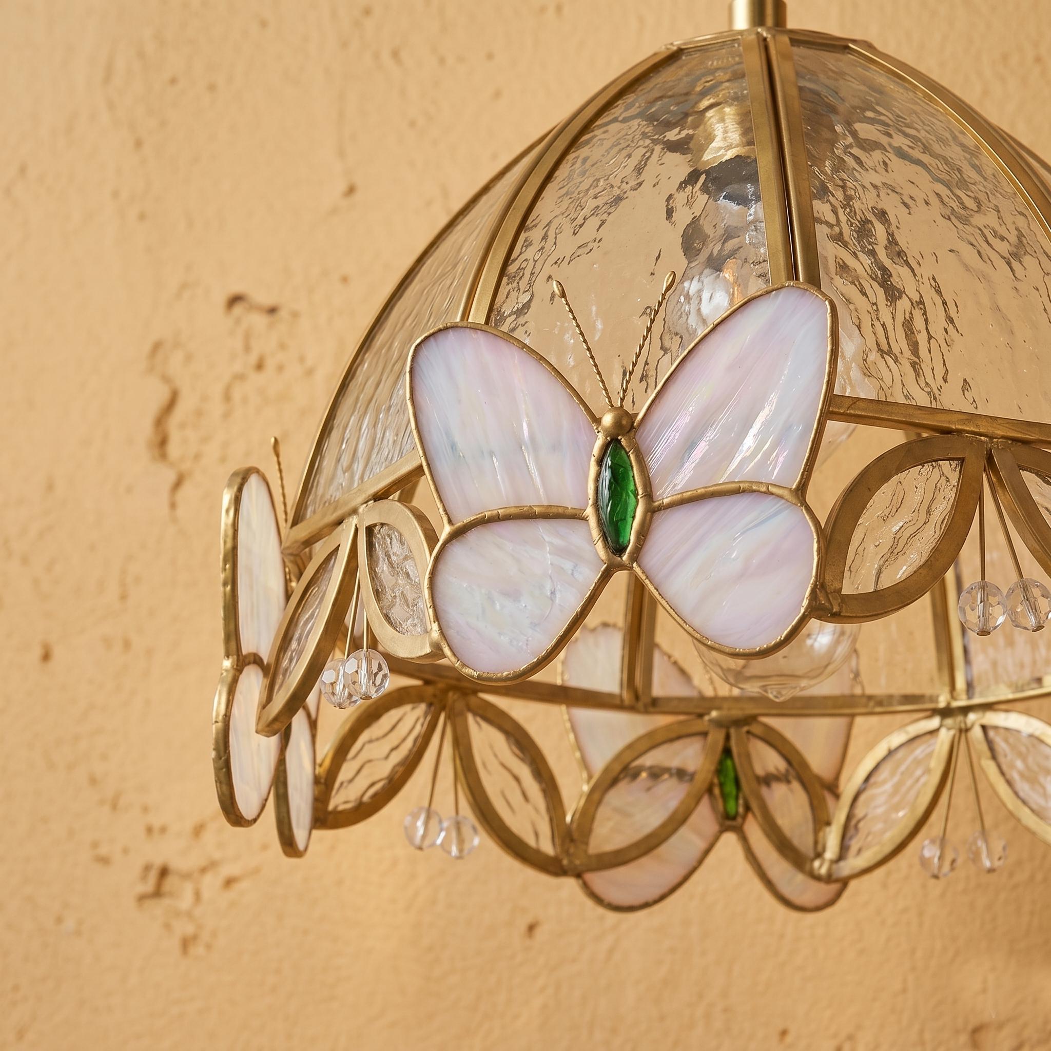 Butterfly Stained Glass Pendant Light, Handmade Tiffany Style Hanging Lamp Shade, Pink Floral Dome Light for Cottagecore Nursery Decor