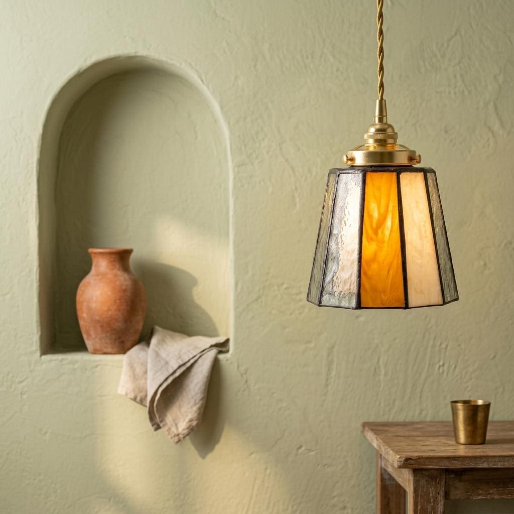 Small Amber Cream Stained Glass Pendant Light, Vintage Faceted Hanging Lamp