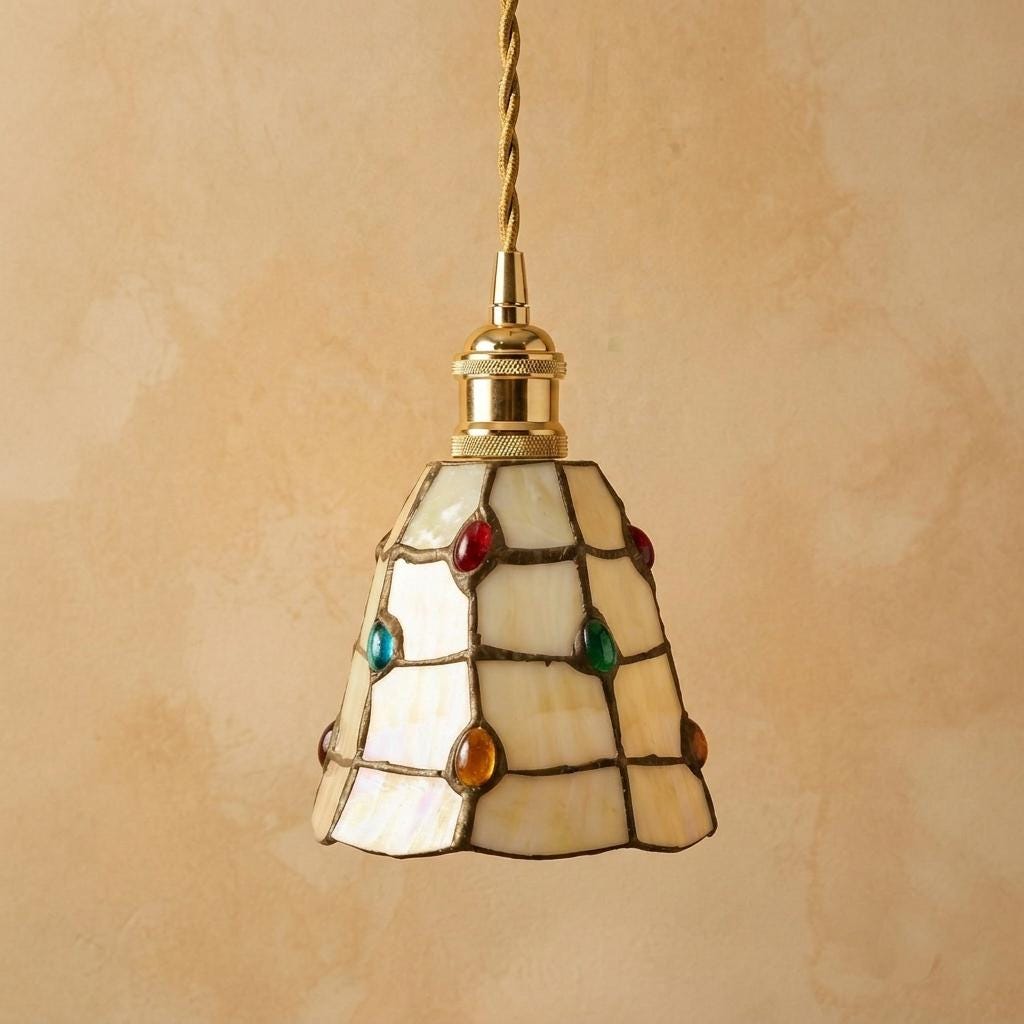 Stained Glass Pendant Light, Ivory Jewel Tone Hanging Lamp, Small Tiffany Style Ceiling Light, Boho Entryway Lighting