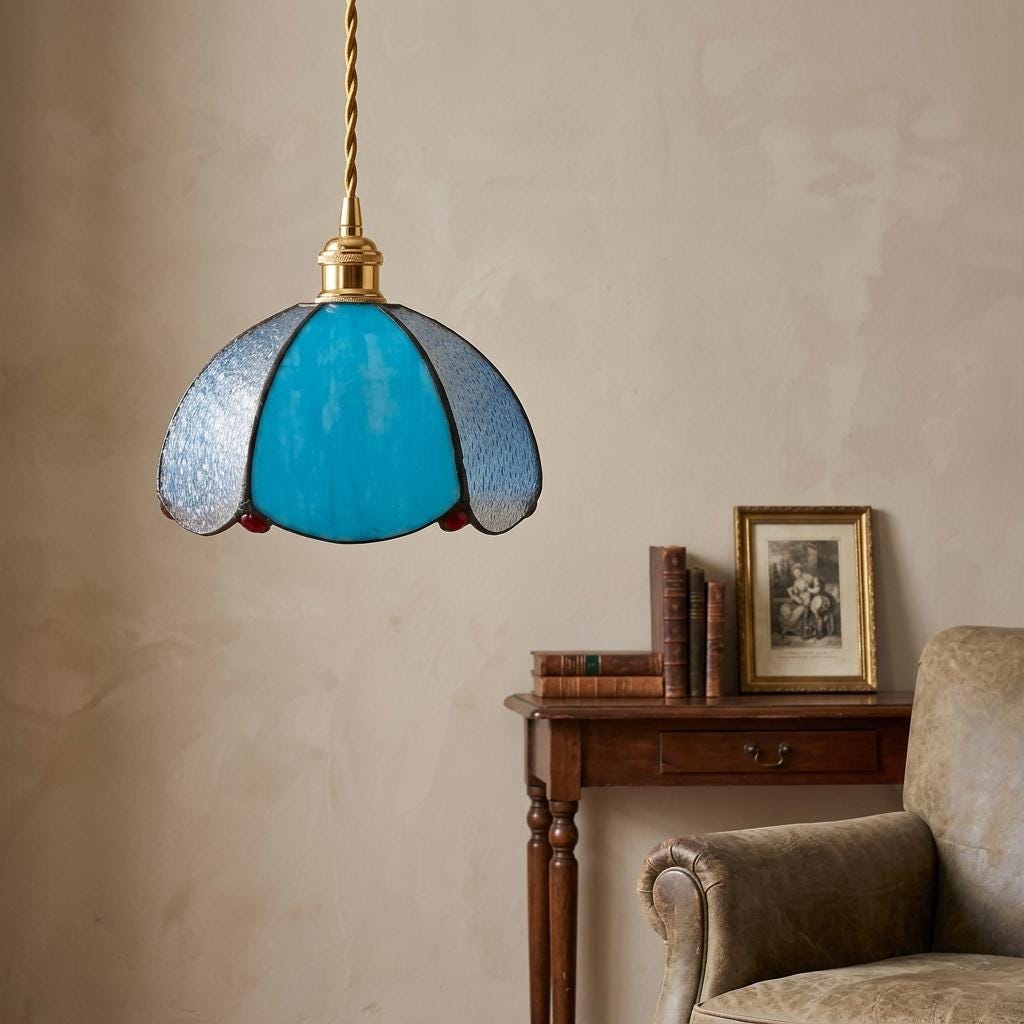 Aqua Blue Stained Glass Dome Pendant Light, Art Nouveau Ceiling Lamp