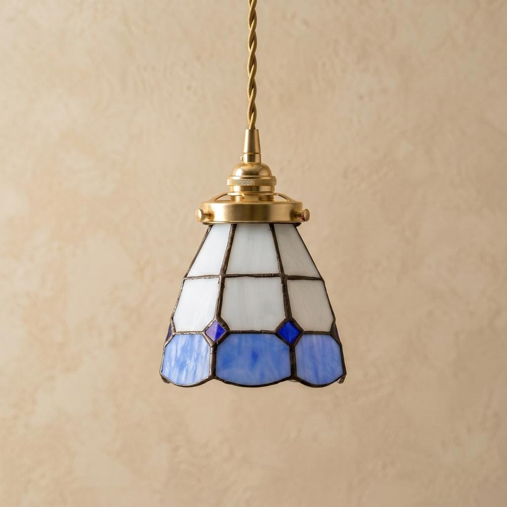 Handmade Blue Cream Geometric Stained Glass Pendant Light, Vintage Boho Mini Hanging Lamp