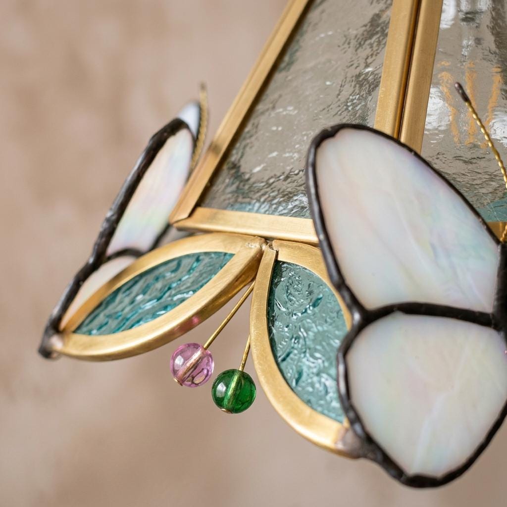 Butterfly Stained Glass Pendant Light Shade, Handmade Iridescent Glass Lamp Shade, Small Tiffany Style Hanging Lamp Shade, Cottagecore Decor