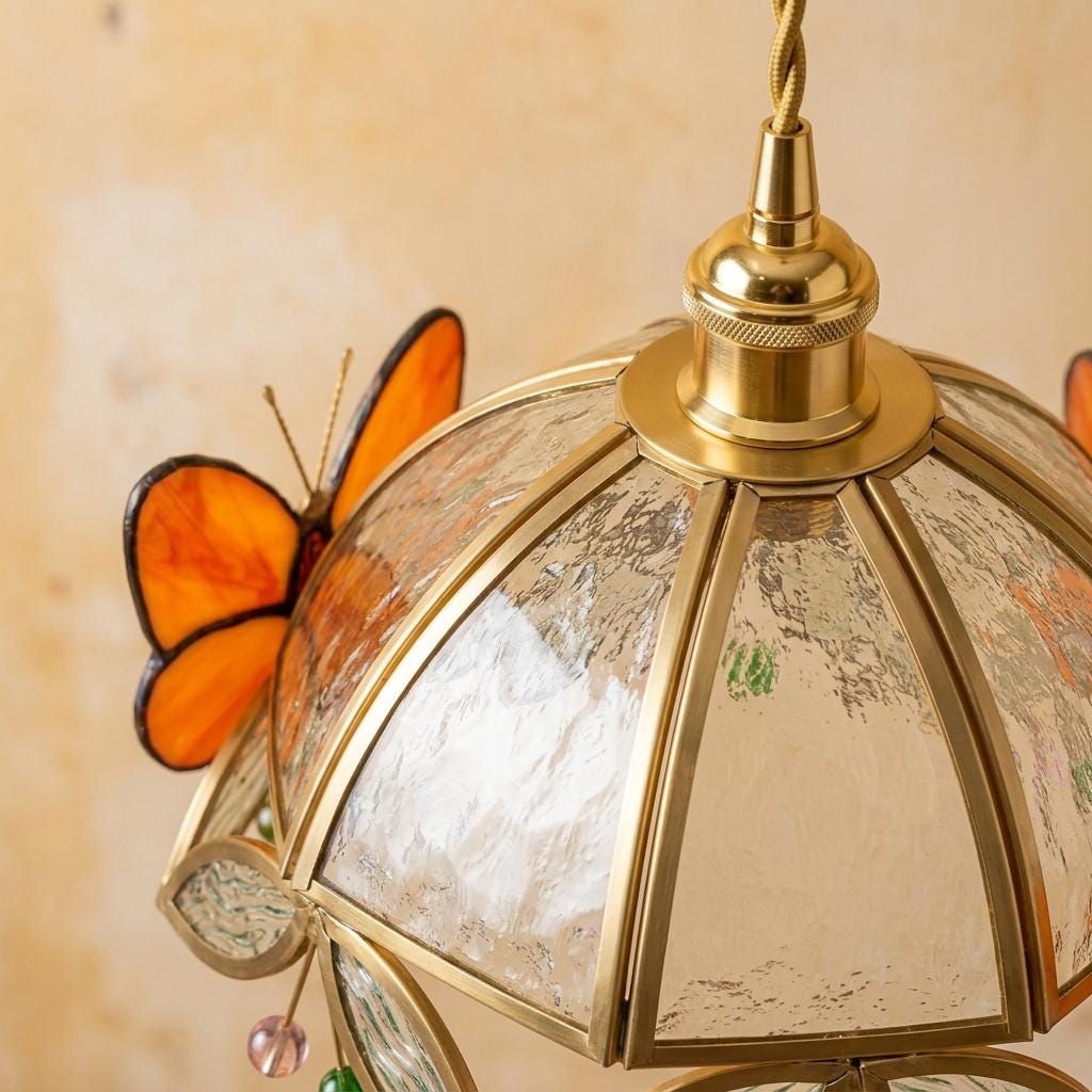 Orange Butterfly Stained Glass Pendant Light, Handmade Tiffany Style Lampshade, Cottagecore Ceiling Lamp, Floral Glass Shade