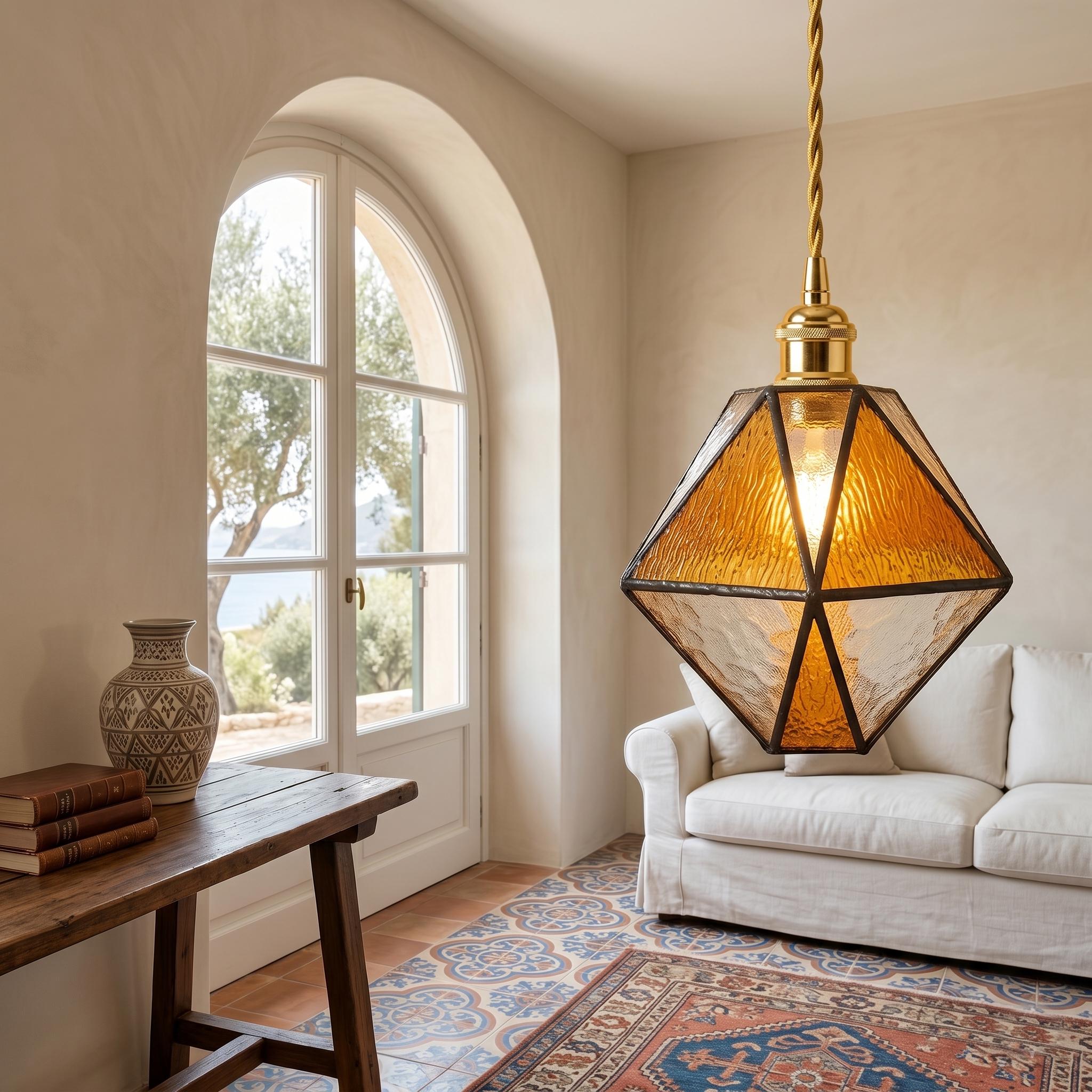 Handmade Amber Stained Glass Pendant Light, Geometric Diamond Hanging Lamp, Tiffany Style Honey Gold Ceiling Light, Vintage Decor