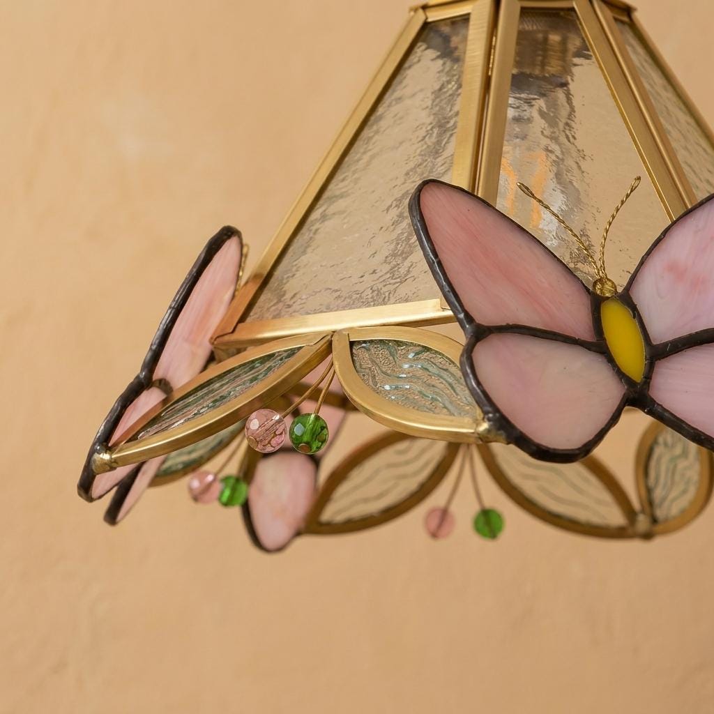 Handmade Pink Butterfly Stained Glass Pendant Light, Brass Cottagecore Decor