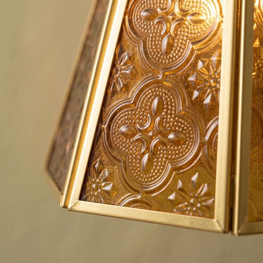 Amber Textured Glass Pendant Light, Gold Tone Ornate Hanging Lamp, Vintage Boho Lighting