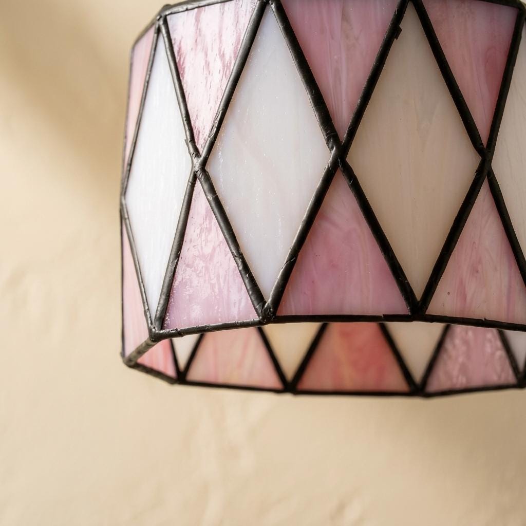 Small Pink Stained Glass Pendant Light, Peach Cream Geometric Hanging Lamp, Tiffany Style Ceiling Light, Boho Vintage Decor