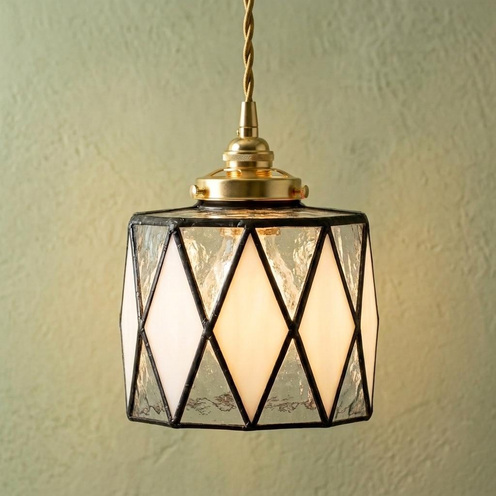 Black White Stained Glass Pendant Light, Geometric Diamond Hanging Lamp, Art Deco Ceiling Light