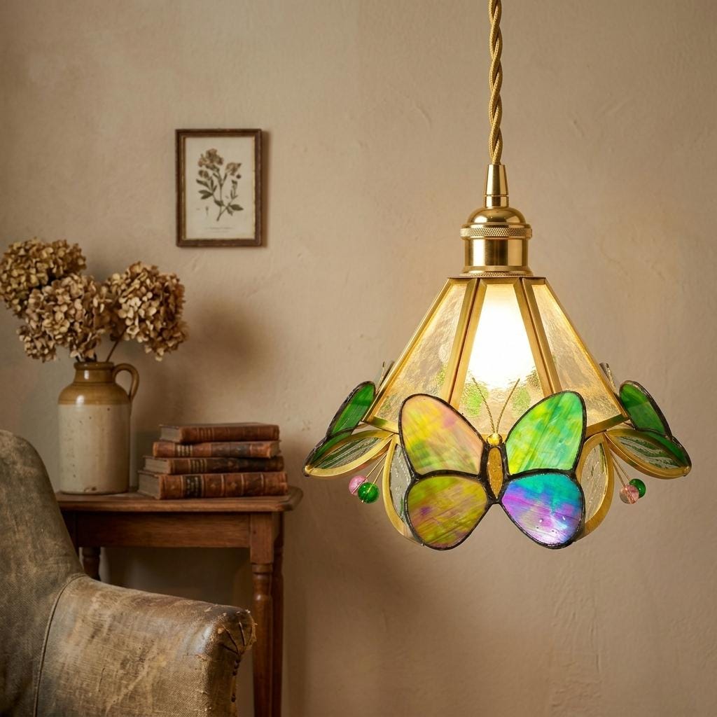 Handmade Butterfly Stained Glass Pendant Light, Green Botanical Art Nouveau Lampshade