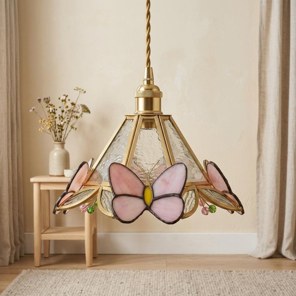 Handmade Pink Butterfly Stained Glass Pendant Light, Brass Cottagecore Decor