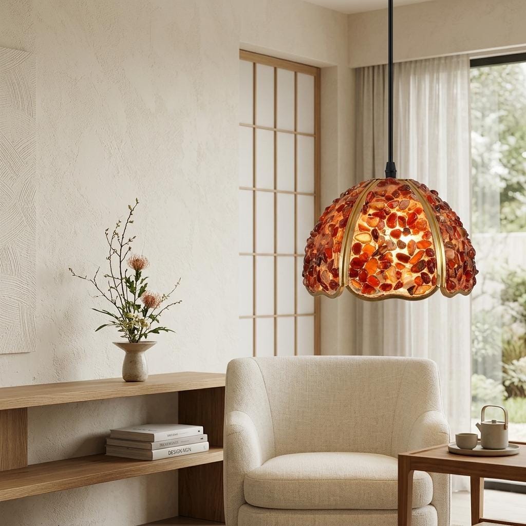 Red Agate Mosaic Glass Pendant Light , Bohemian Hanging Lamp, Eclectic Home Decor