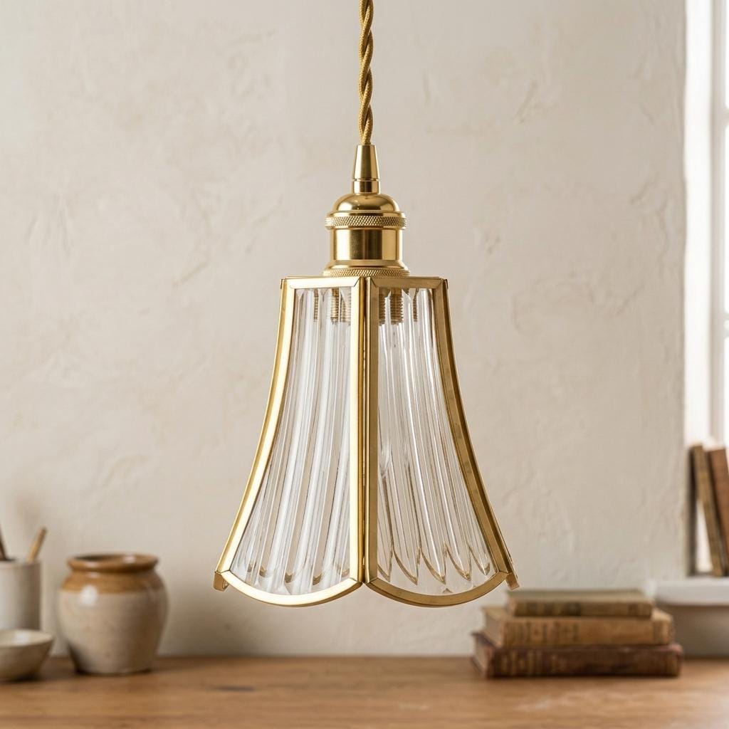 Clear Fluted Glass Pendant Light, Brass Tone Art Deco Hanging Lamp