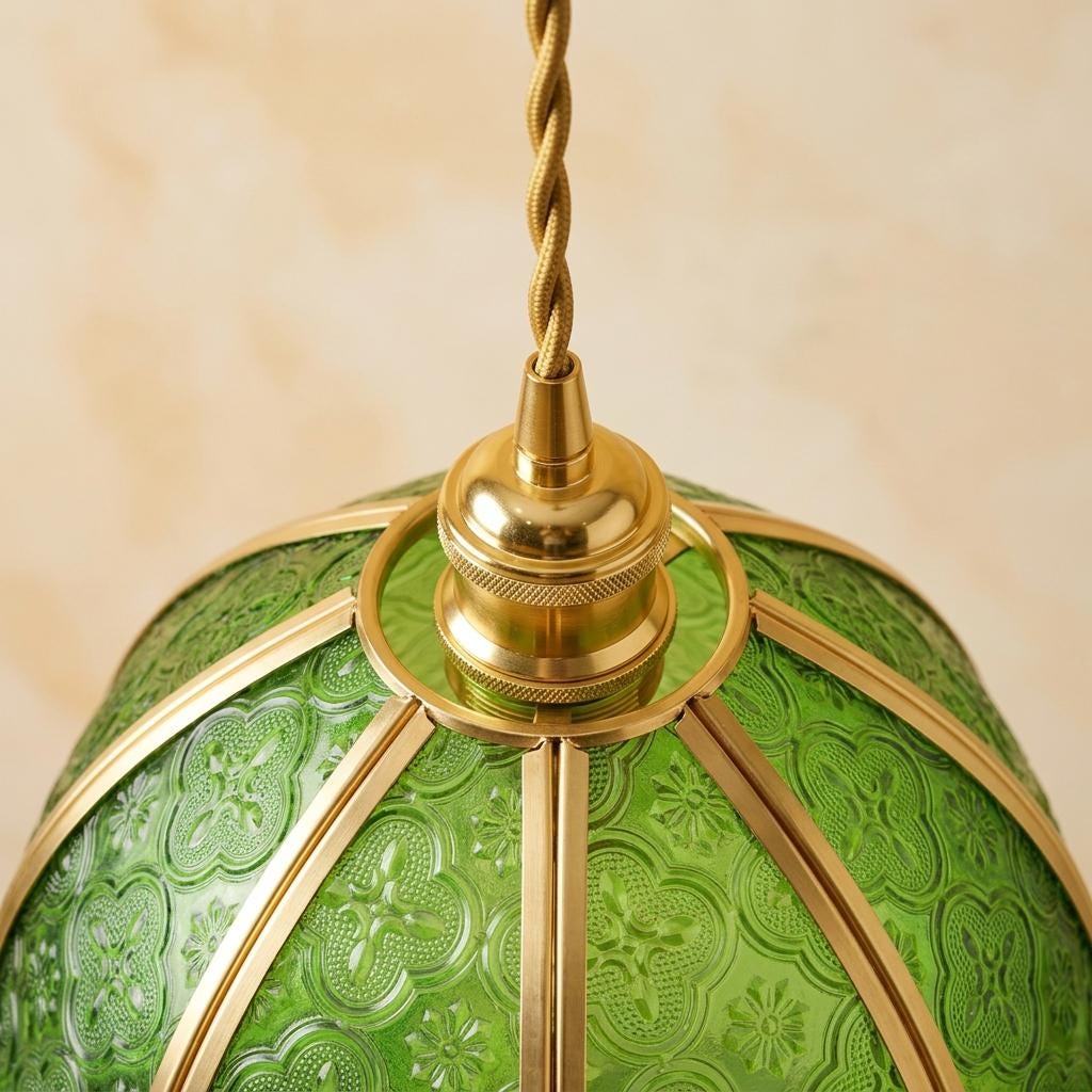 Green Textured Glass Pendant Light, Floral Dome Hanging Lamp, Brass Tone Fixture