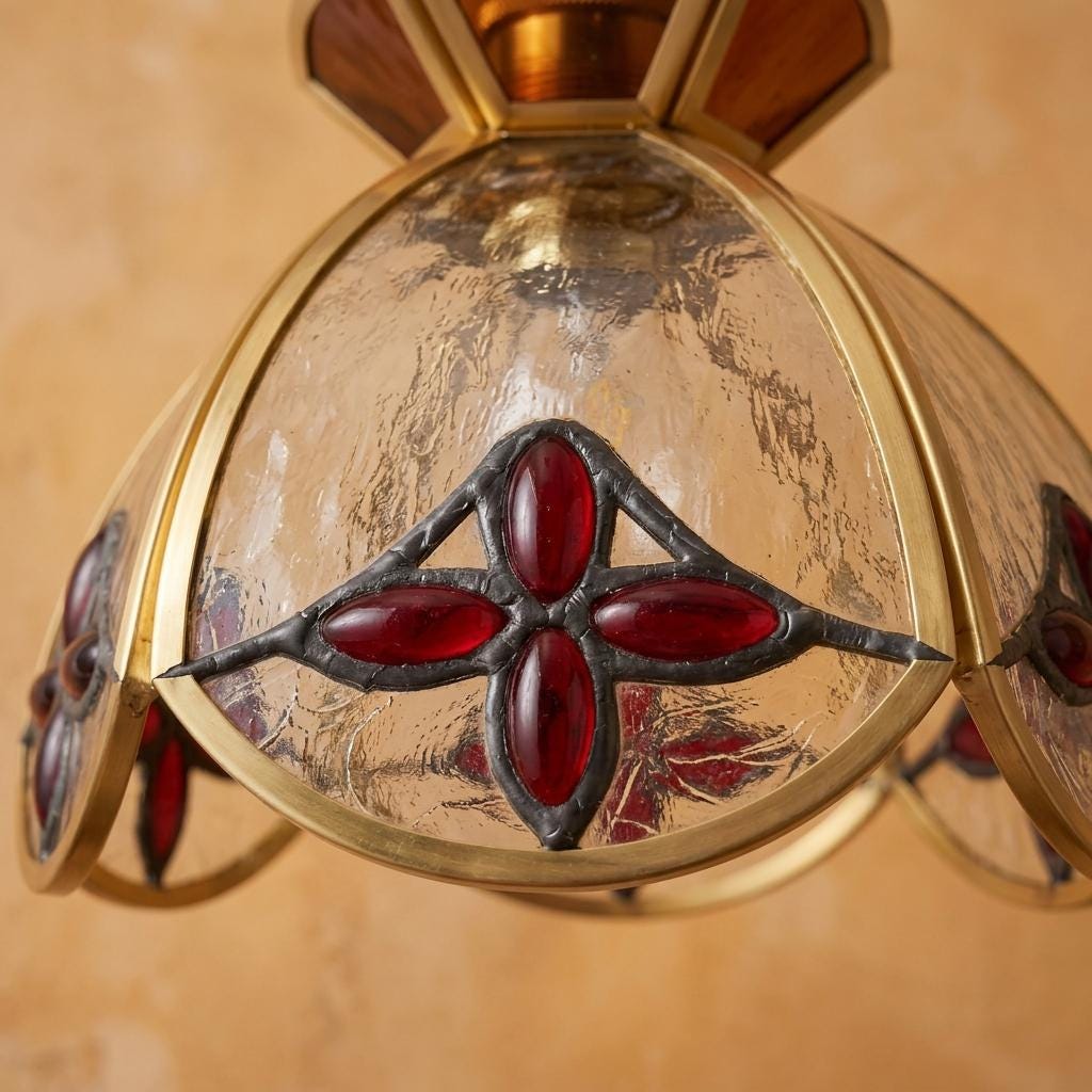 Stained Glass Tulip Pendant Light Shade, Amber Red Floral Lampshade, Vintage Cottagecore Lighting Decor
