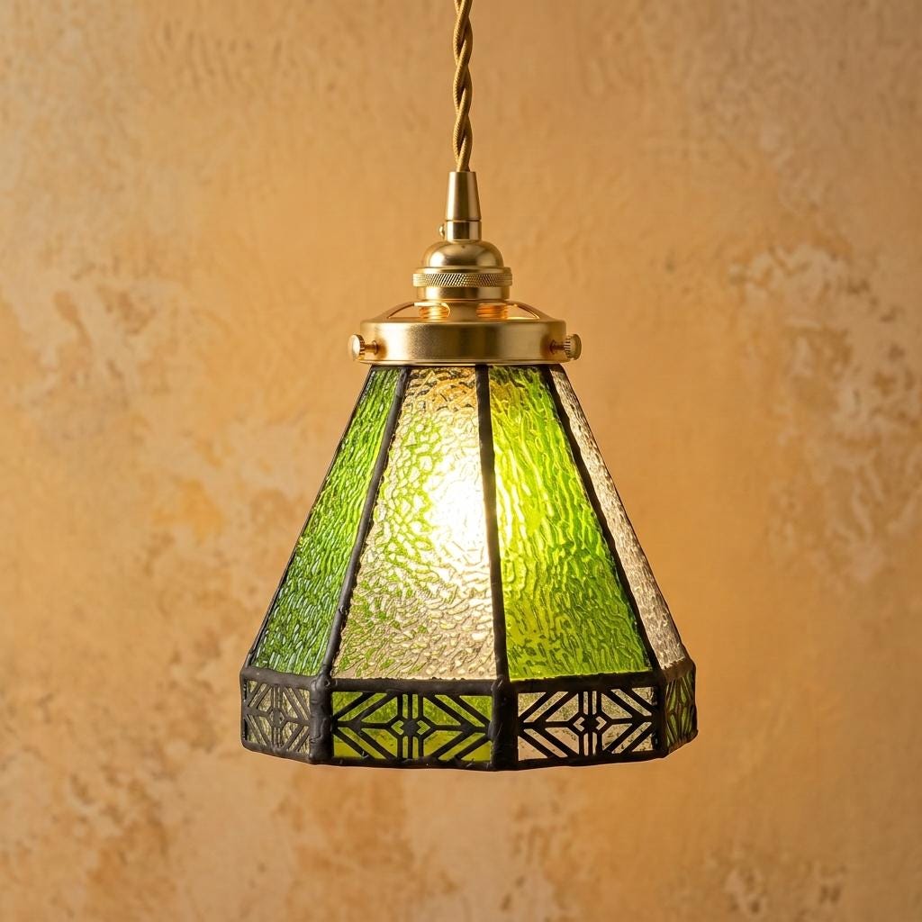 Green Stained Glass Pendant Light, Geometric Art Deco Hanging Lamp, Vintage Boho Kitchen Accent