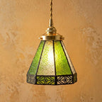 Green Stained Glass Geometric Art Deco Bohemian Pendant Light by AuroraeGlass