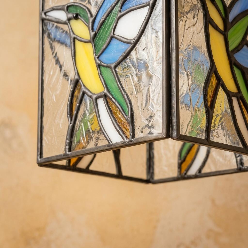 Hummingbird Stained Glass Pendant Light, Colorful Square Hanging Lamp, Tiffany Style Bird Ceiling Light, Boho Accent Lighting