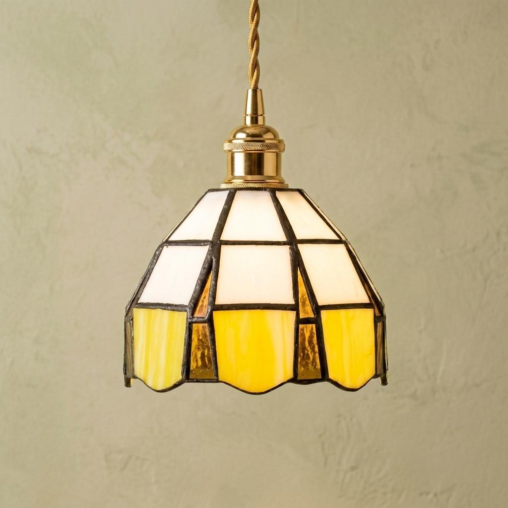 Yellow Stained Glass Pendant Light, Small Tiffany Style Hanging Lamp, White Scalloped Glass Ceiling Light, Vintage Cottage Decor