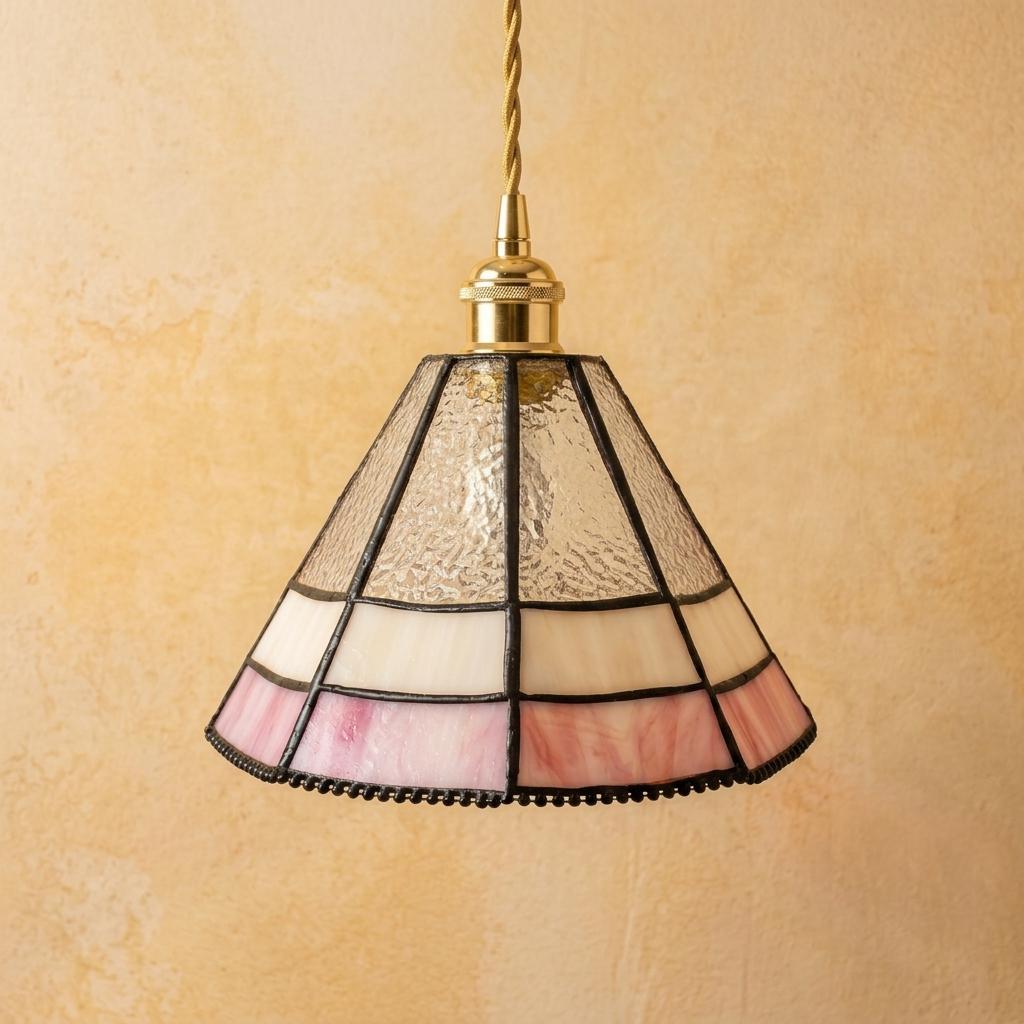 Pink Stained Glass Pendant Light, Small Tiffany Style Hanging Lamp, Blush Cream Glass Ceiling Light, Cottagecore Bedroom Lighting