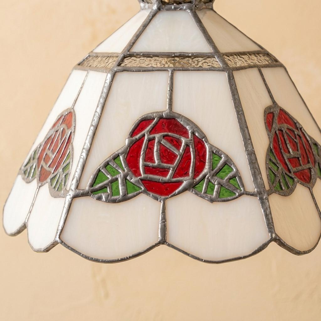 Rose Stained Glass Pendant Light, Handmade Tiffany Style Hanging Lamp, White Floral Ceiling Light, Vintage Cottagecore Decor