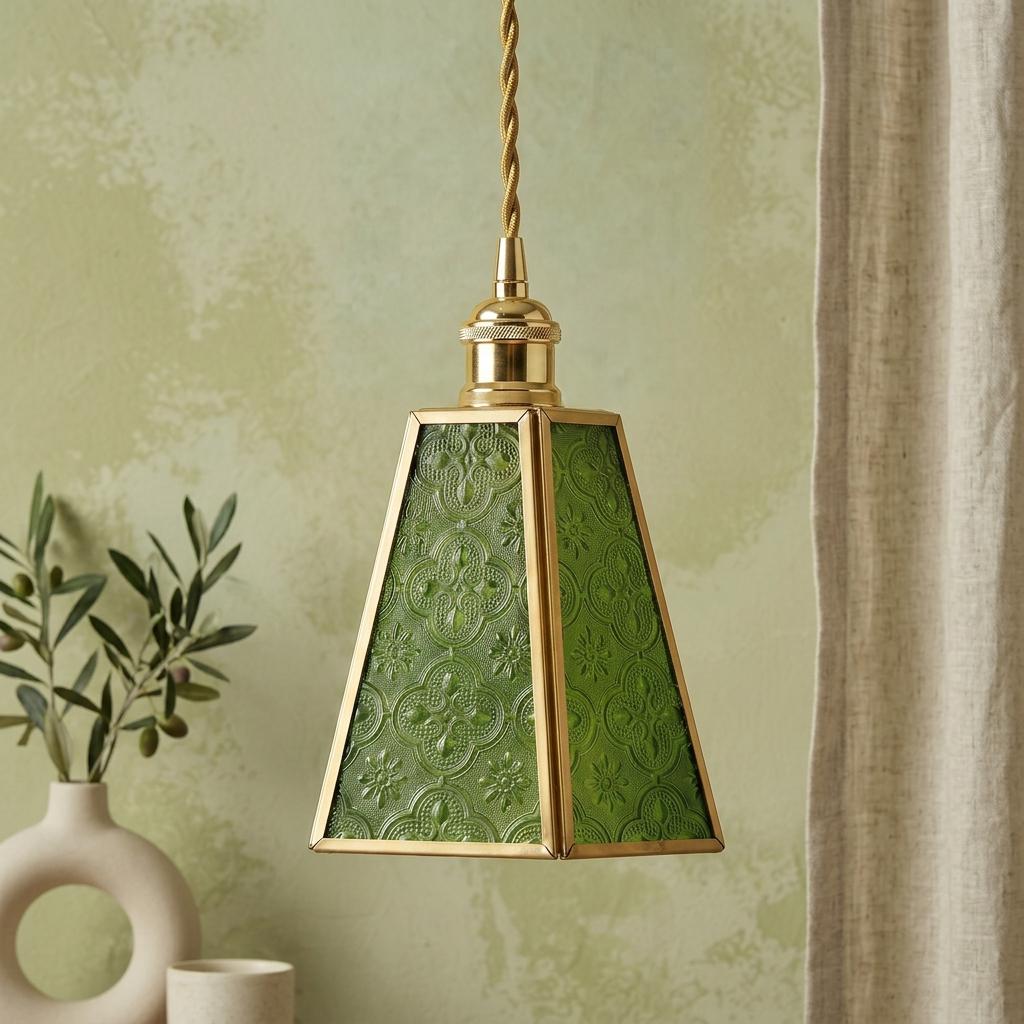 Handmade Green Embossed Glass Lamp Shade, Vintage Brass Art Nouveau Accent Light