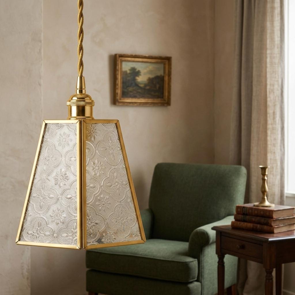 Textured Glass Pendant Light, Gold Tone Geometric Shade, Vintage Art Deco Hanging Lamp