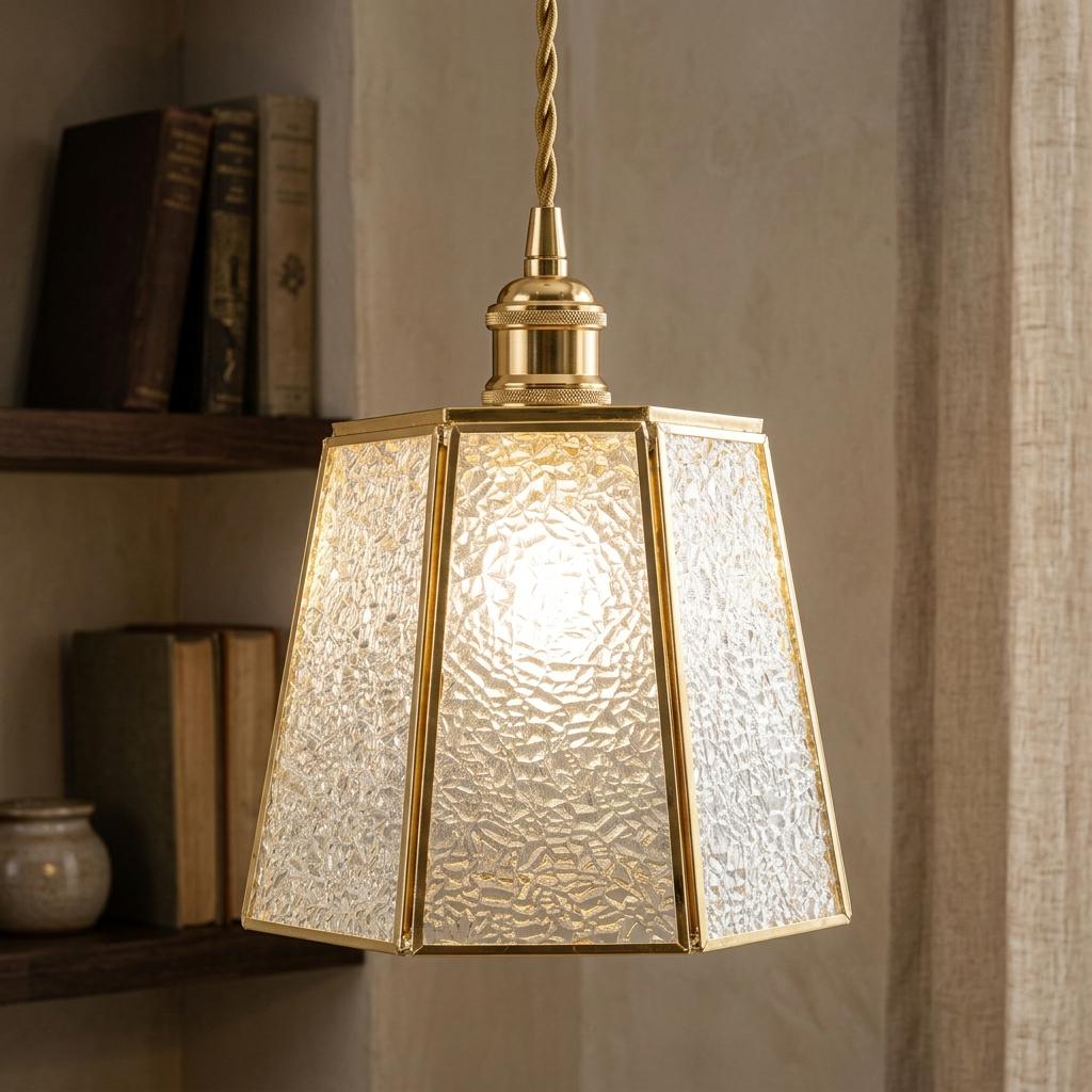 Textured Glass Pendant Light, Brass Tone Art Deco Hanging Lamp