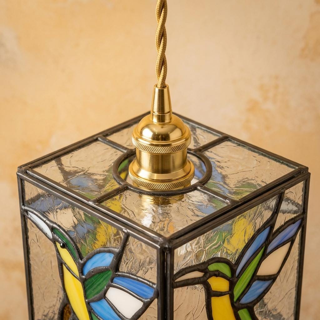 Hummingbird Stained Glass Pendant Light, Colorful Square Hanging Lamp, Tiffany Style Bird Ceiling Light, Boho Accent Lighting