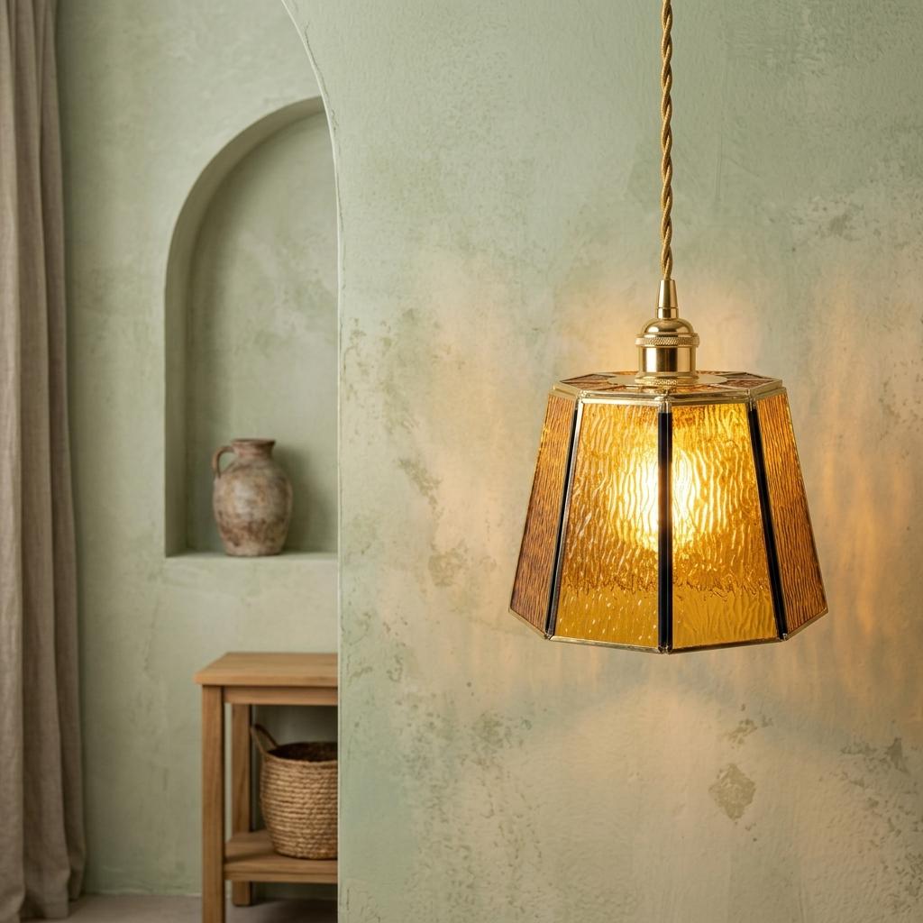 Amber Stained Glass Pendant Light, Small Geometric Tiffany Style Hanging Lamp, Vintage Honey Gold Ceiling Fixture