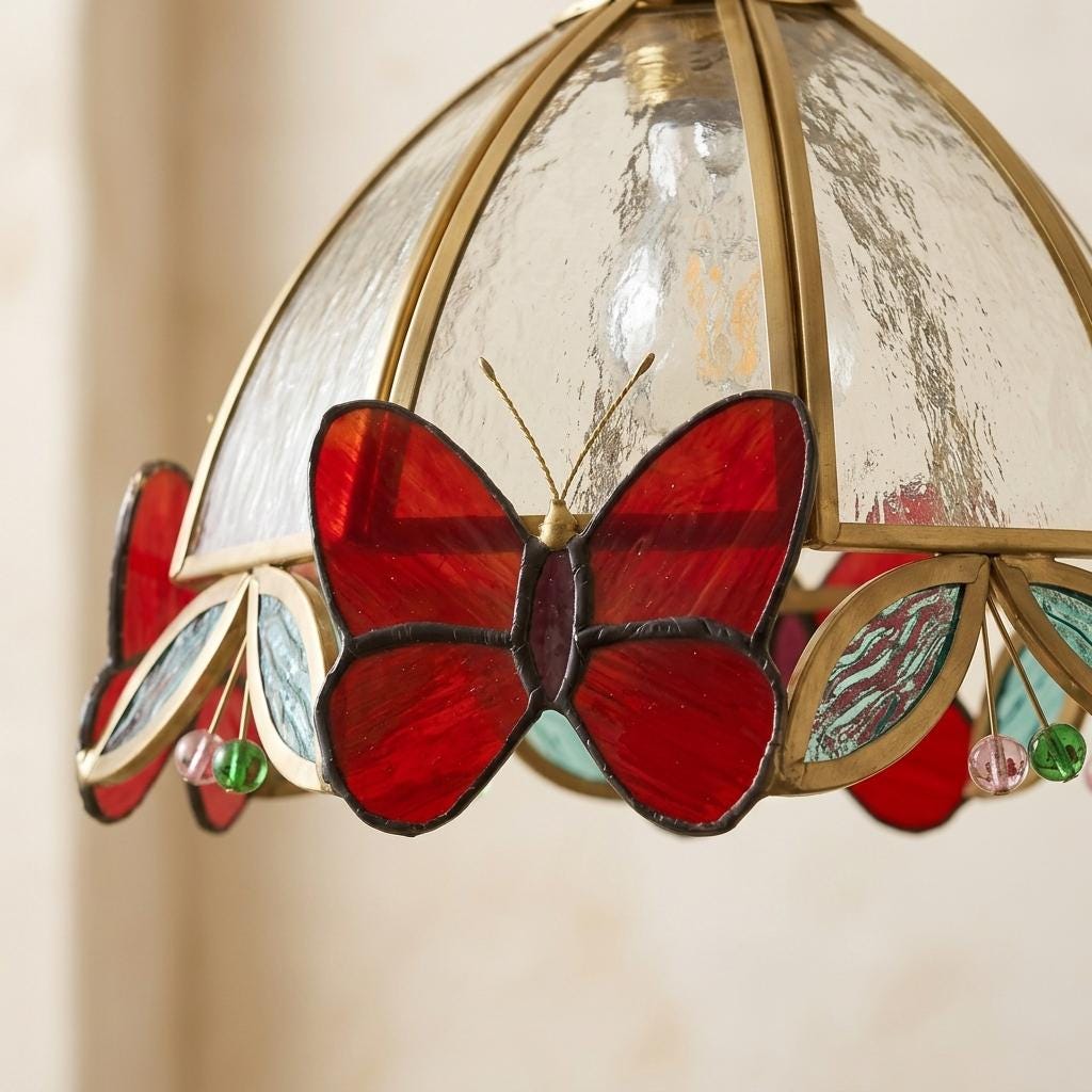 Red Butterfly Stained Glass Pendant Light, Tiffany Style Hanging Lamp, Handmade Cottagecore Lamp, Whimsical Kitchen Island Decor