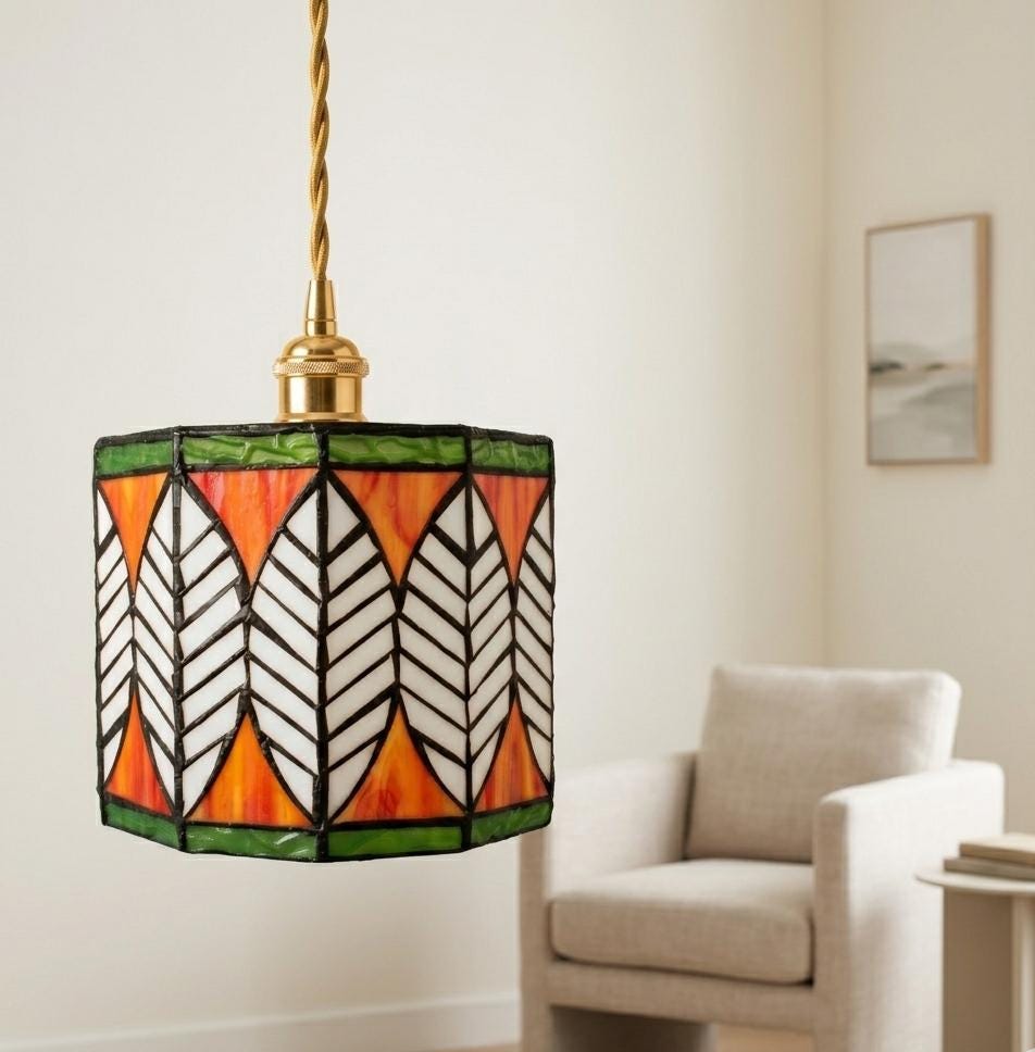 Handmade Stained Glass Pendant Light, Leaf Pattern Hanging Lamp, Tiffany Style Ceiling Light, Green Orange Glass Pendant, Inspired Lighting